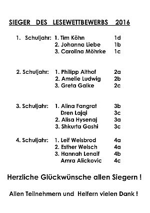 Siegerliste Lesewettbewerb 2016